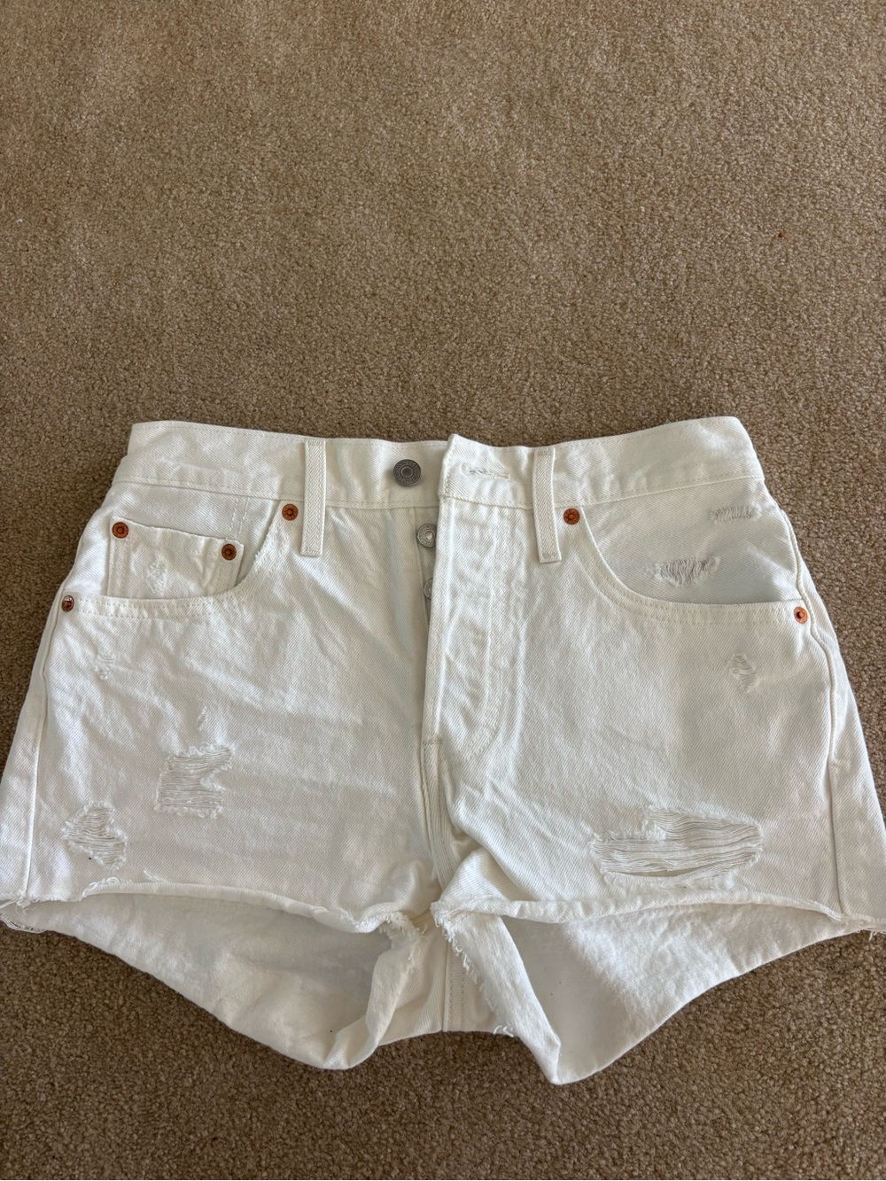 Levi's White Distressed High-Rise Denim Shorts